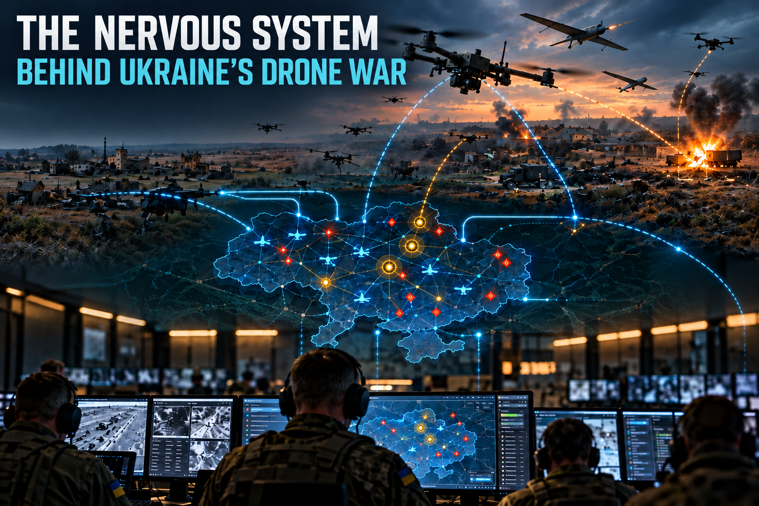 The Nervous System Behind Ukraine’s Drone War (AI Illustration) 