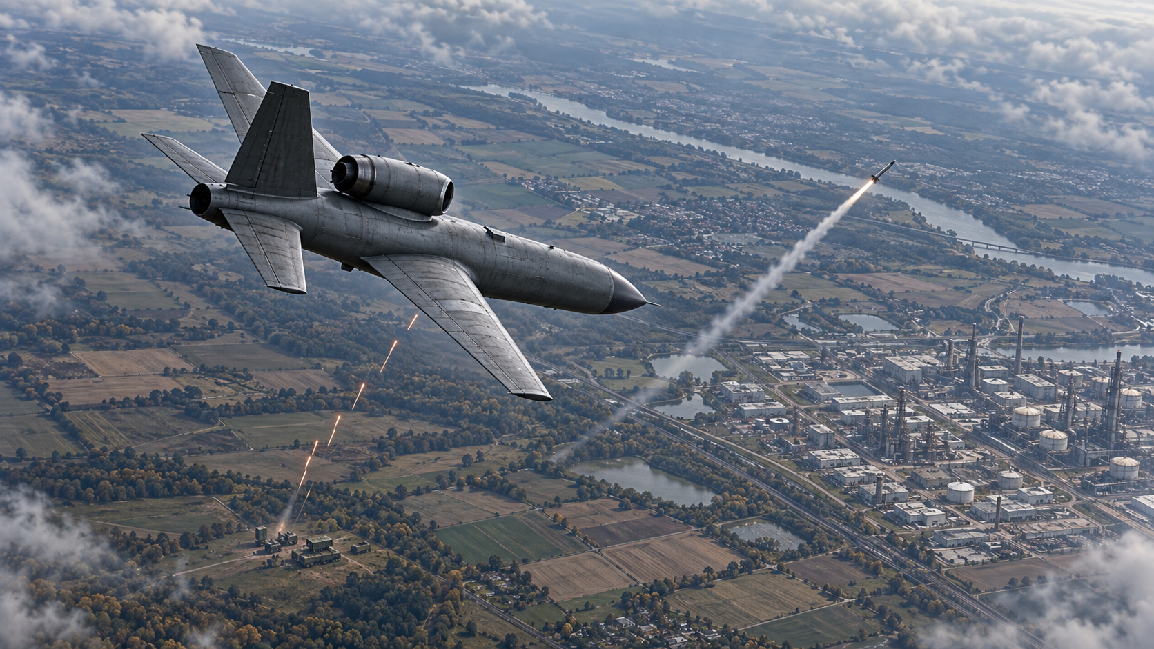 A jet-powered attack drone approaches an industrial facility as air defences engage. AI-generated illustration of a hypothetical attack