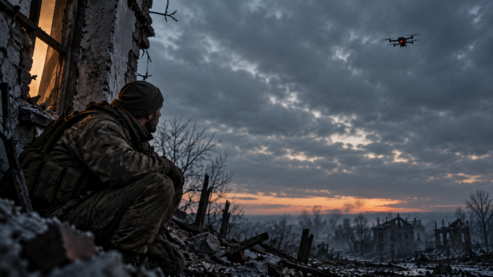 A soldier shelters beside a damaged building at dusk, looking up at a small drone hovering in the cloudy sky (AI Generated)