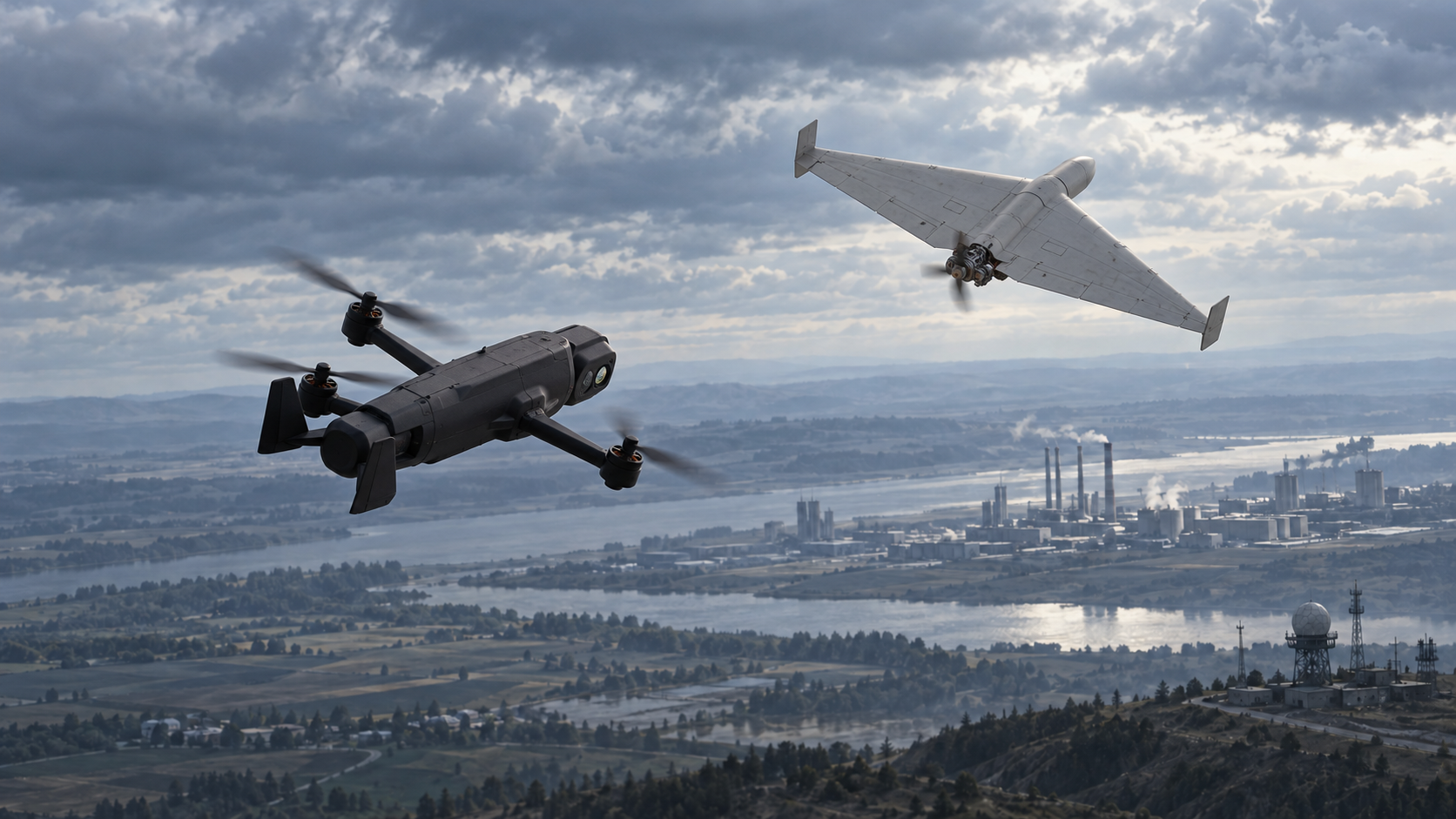 An interceptor drone pursues an attack drone above an industrial landscape beneath an overcast sky. AI Generated Image