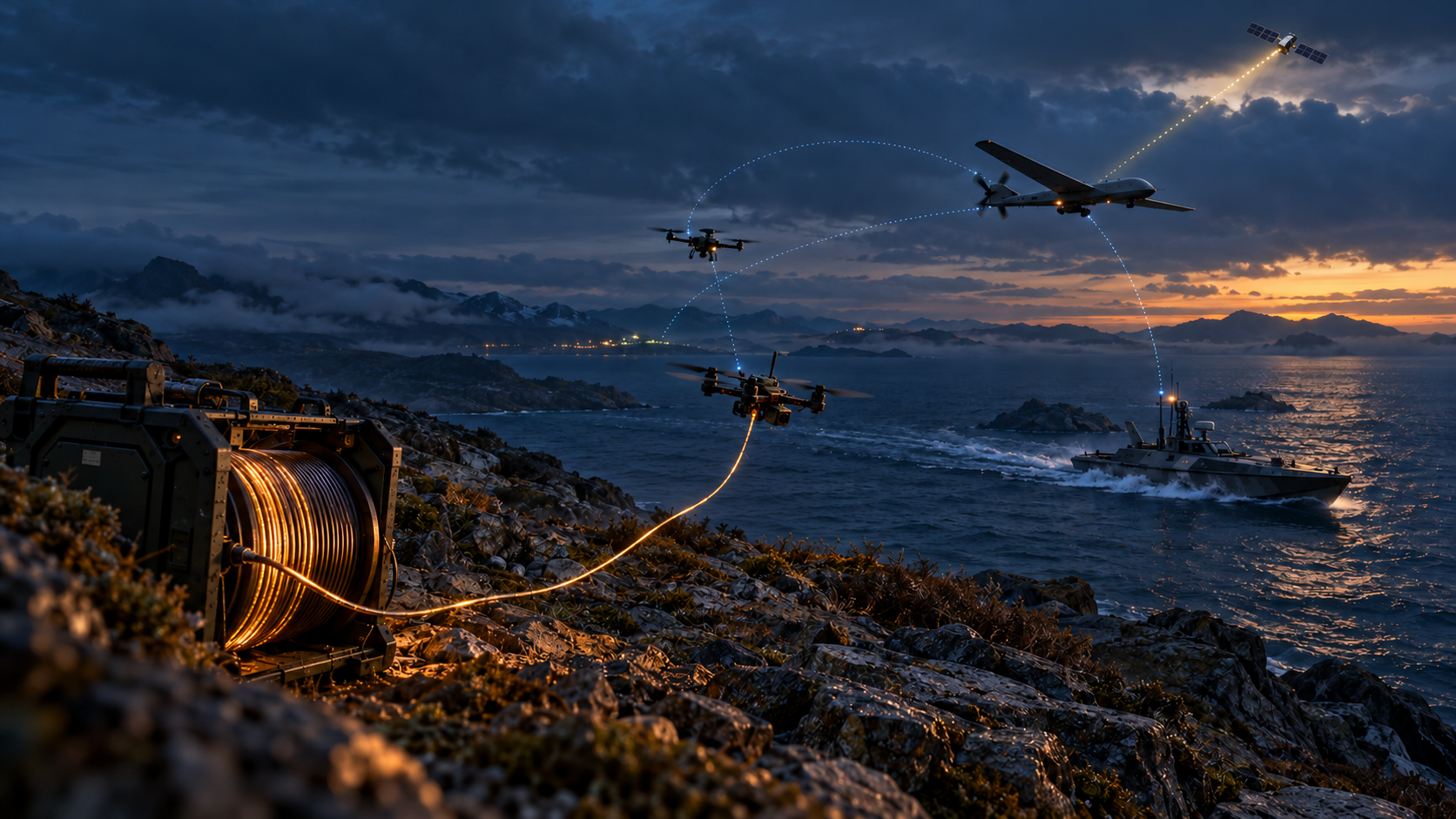 Fiber-optic FPV drone over rocky coast